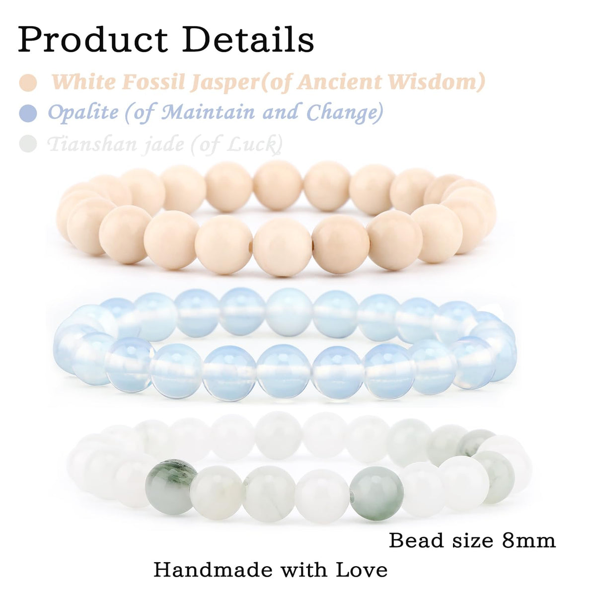 NCB 3-Piece 8mm Natural Crystal Gemstone Stretch Bracelets – ﻿Opalite, Tianshan Jade, White Fossil Jasper Handmade Reiki Energy Healing Jewelry for Meditation,Yoga, Unisex