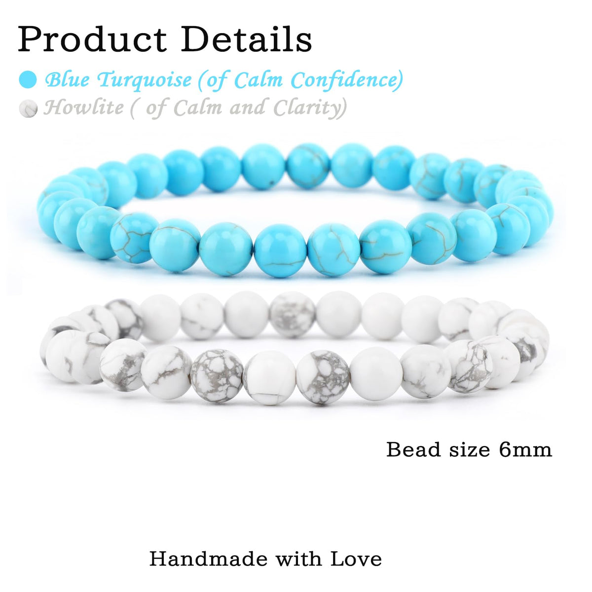 NCB 2-Piece 6mm Natural Crystal Gemstone Stretch Bracelets – ﻿Blue Turquoise, Howlite Handmade Reiki Energy Healing Jewelry for Meditation,Yoga, Unisex