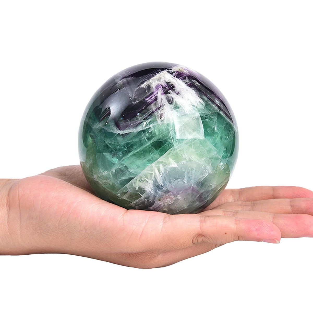JIC Gem 2.7-3.1 inch(70-80mm) Large Crystal Ball Feather Fluorite Healing Crystals Sphere with Wooden Stand Meditation Home Decor