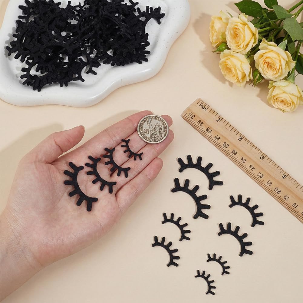 PH PandaHall 400 Pairs Felt Eyelashes 4 Sizes Stuffed Animal Eyelashes Black Eyelash Applique Patches Felt Craft Eyelash for Crochet Puppet Plush Amigurumi Cloth Hats DIY Crafts Making Supplies