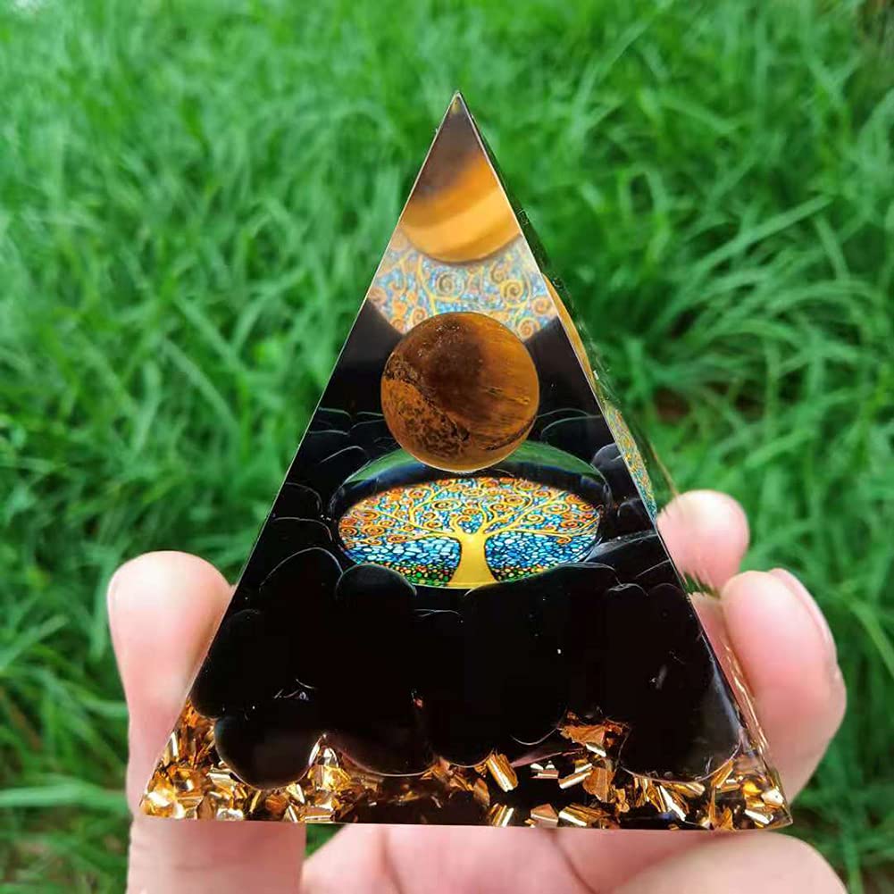 ycyingcheng Moonstone Crystal Orgone Pyramid Ogan Crystal Energy Tower, Nature Reiki Chakra Crushed Stone Jewelry, Crystal Pyramid for Home Decor (Obsidian)