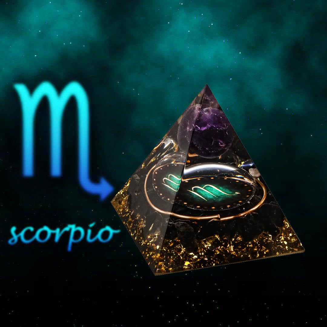 12 Zodiac Orgone Crystal Pyramid, Natural Amethyst with Obsidian,Healing Crystals Pyramid for Protection Chakra, Unique Constellation Pyramid for Positive Energy, Healing Money Health(Scorpio)