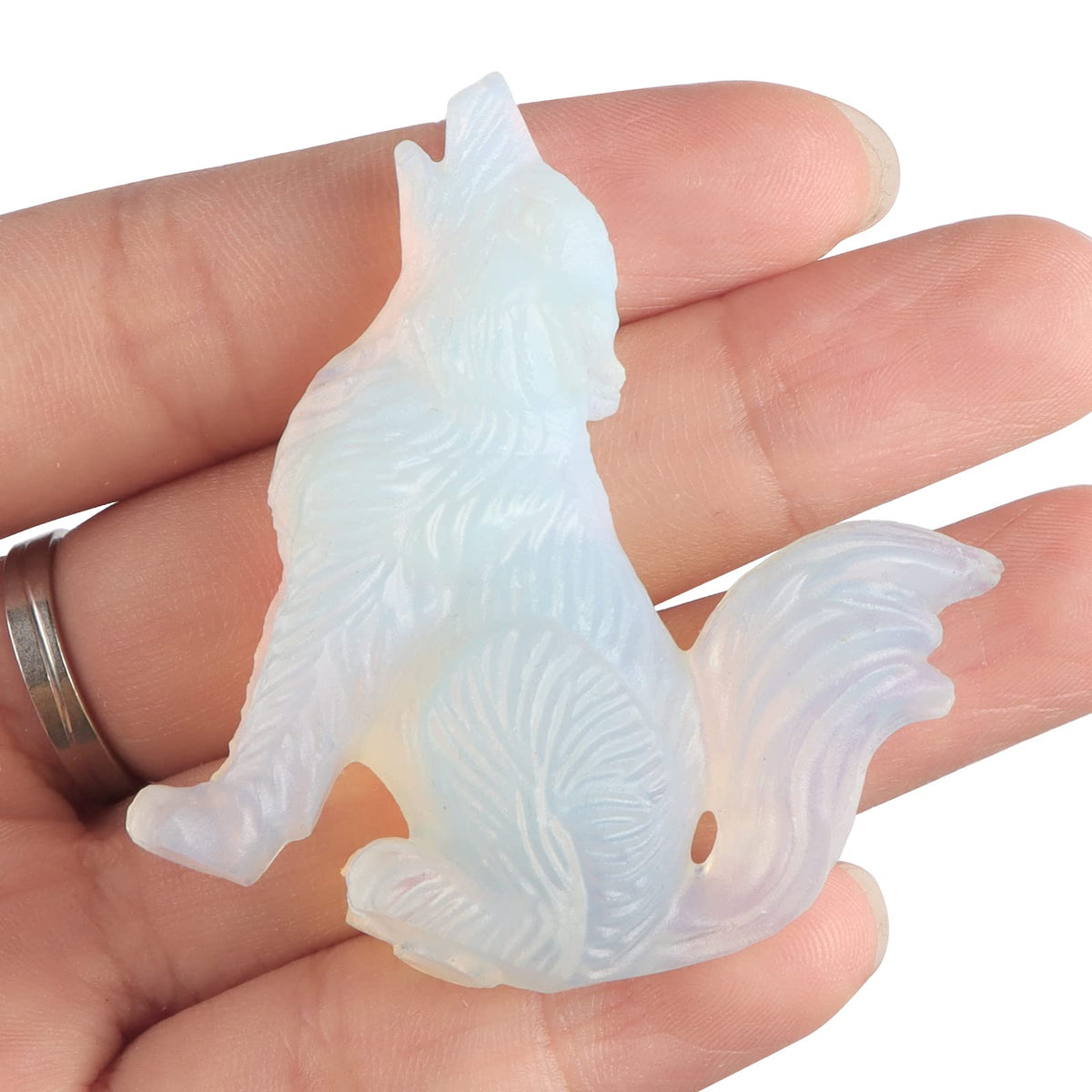 LEADGEM 2.0" Opalite Wolf Statue Gifts Healing Crystal Decor Big Tail Wolf Figurines Wolve Statue,Hand Carved Healing Stone Wolf Stone Sculpture Ornaments Top Colletctible