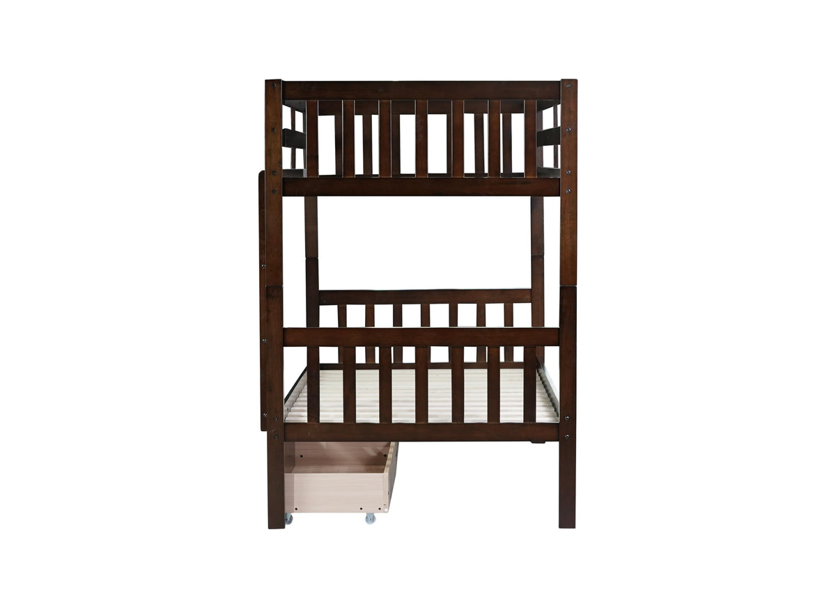MERITLINE Wood Bunk Bed with Drawers, Convertible Bunk Bed with Ladders and Two Storage Drawers, Solid Wood Detachable Bedframe with Guardrails, Twin Over Twin, Espresso