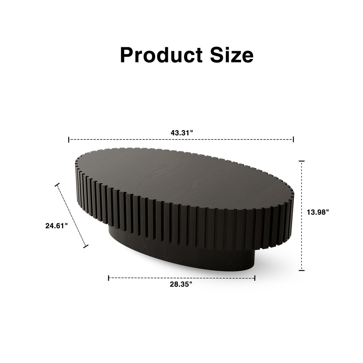 KEIKI 43.31'' Oval Coffee Table, Handcrafted Relief Sturdy Pedestal, Wooden Olive-Shaped Tea Table, Modern MDF & Solid Wood, Open Storage, Easy Assembly for Living Room, Black