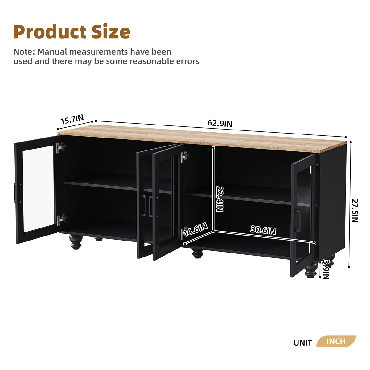 Ball & Cast Farmhouse TV Stand with Tempered Glass Doors for TVs up to 70",Sideboard Buffet w/5 Solid Wood Gourd-Shaped Legs & Adjustable Shelf,Entertainment Center for Living Room,Black+Natural