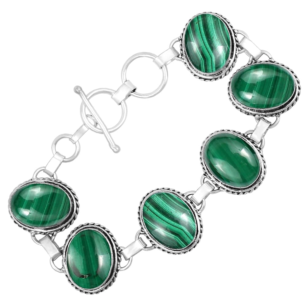 Natural Malachite Silver Plated Handmade Link Bracelet for Women - April Birthstone Oval Gemstone Adjustable Bracelet Vintage Style Bohemian Jewelry - Gifts for Mom Wife Sister Her