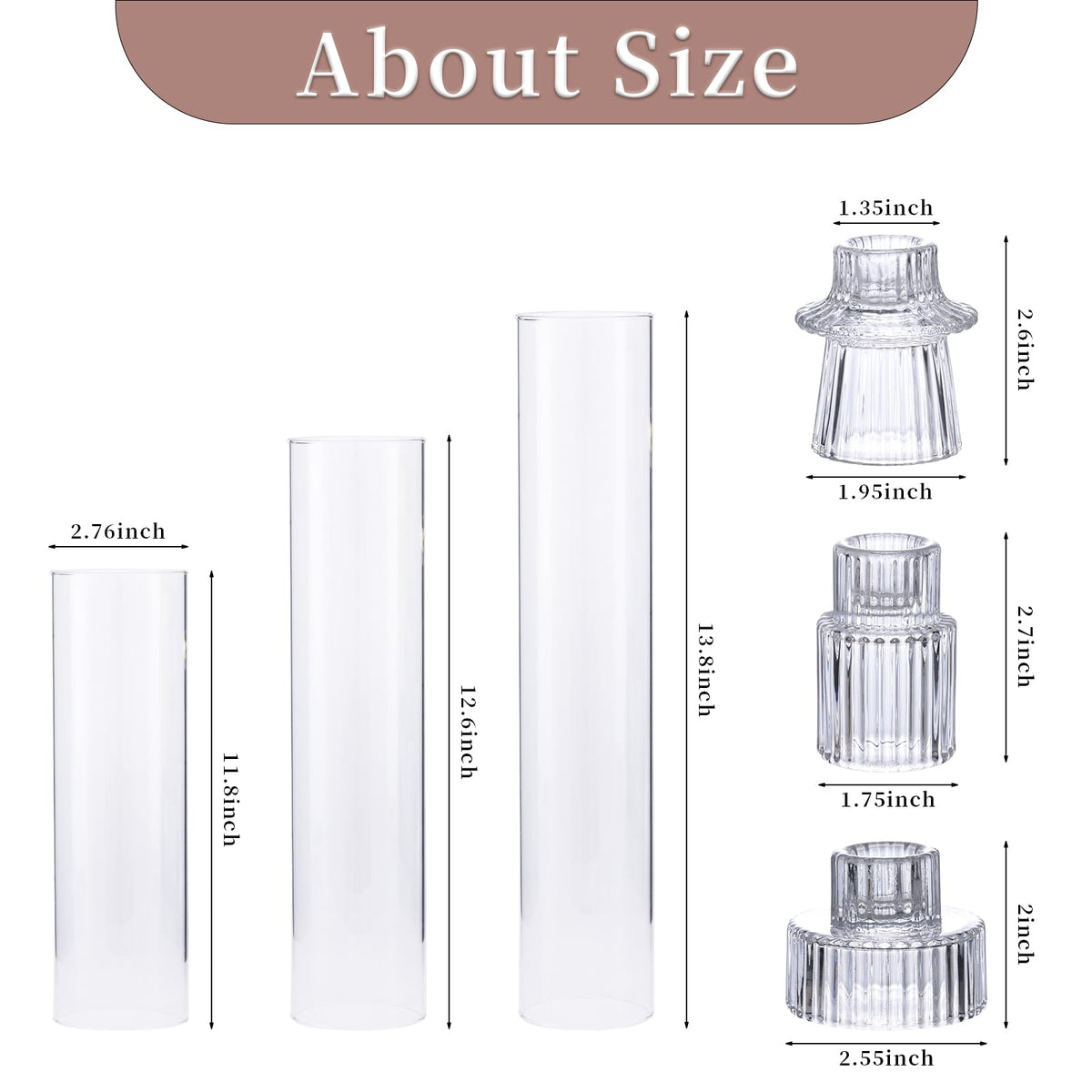 NITIME 9 Set Hurricane Glass Candle Holders for Taper Candles, Candlestick Holders with Windproof Glass Tubes(11.8"/12.6"/13.8" H), Taper Candle Holders for Table Centerpieces, Wedding, Party Decor