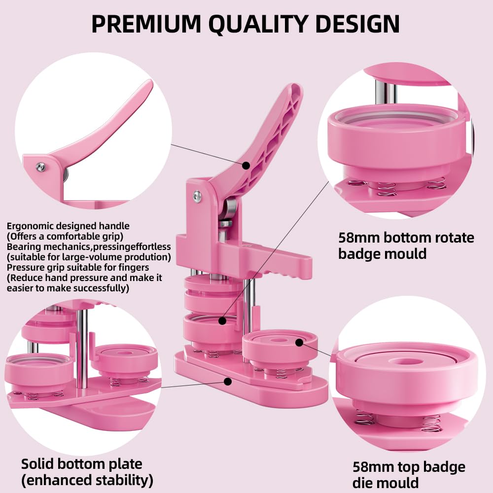 FreeingBAG Button Maker Machine 58mm - (3 Gen) Installation-Free (2.25in) DIY Badge Button Maker Press Machine Badge Punch Press with 100pcs Button Parts Pictures (Pink, 2.25 inch / 58mm)