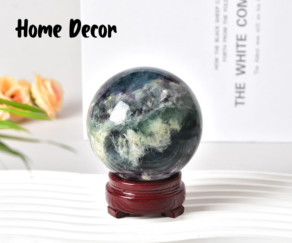 JIC Gem Large Crystal Ball Feather Fluorite Healing Crystals Sphere with Wooden Stand Meditation Home Decor 4 inch (100mm)