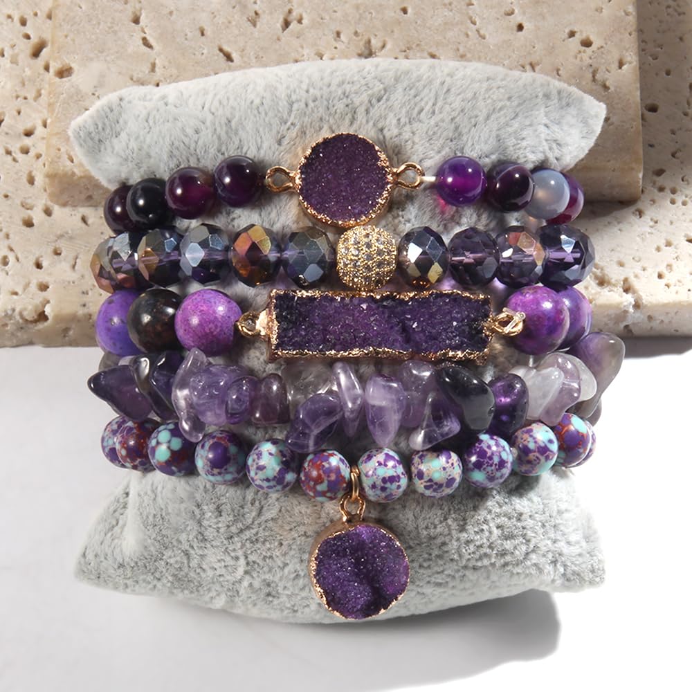 Yomisa 5PCS Natural Boho Beaded Bracelets for Women Men,Healing Turquoise Jasper Agate Crystal Gemstone Stone Diamond Chakra Multilayer Wrap Bohemian Handmade Jewelry Beads Stretch Bracelet Set