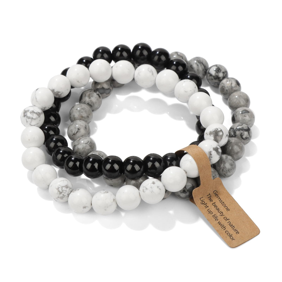 Risyfjew 3 PCS Healing Crystal Bracelet Women 8mm Natural Stone Beaded Stretch Bracelet Map Stone Howlite Jewelry Gifts