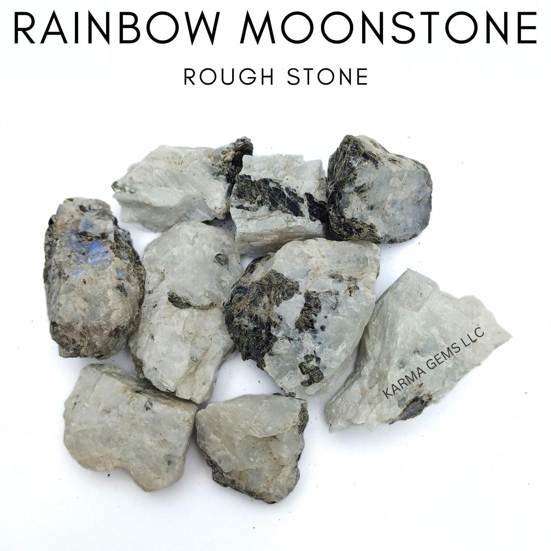 Karma Gems 5 Pcs Rainbow Moonstone - Raw Tumbling Rocks for Children - Stunning Agate Natural Crystals Stones - Therapeutic Gemstones - Rock Collections for Chakra Balancing, Energy, and Meditation
