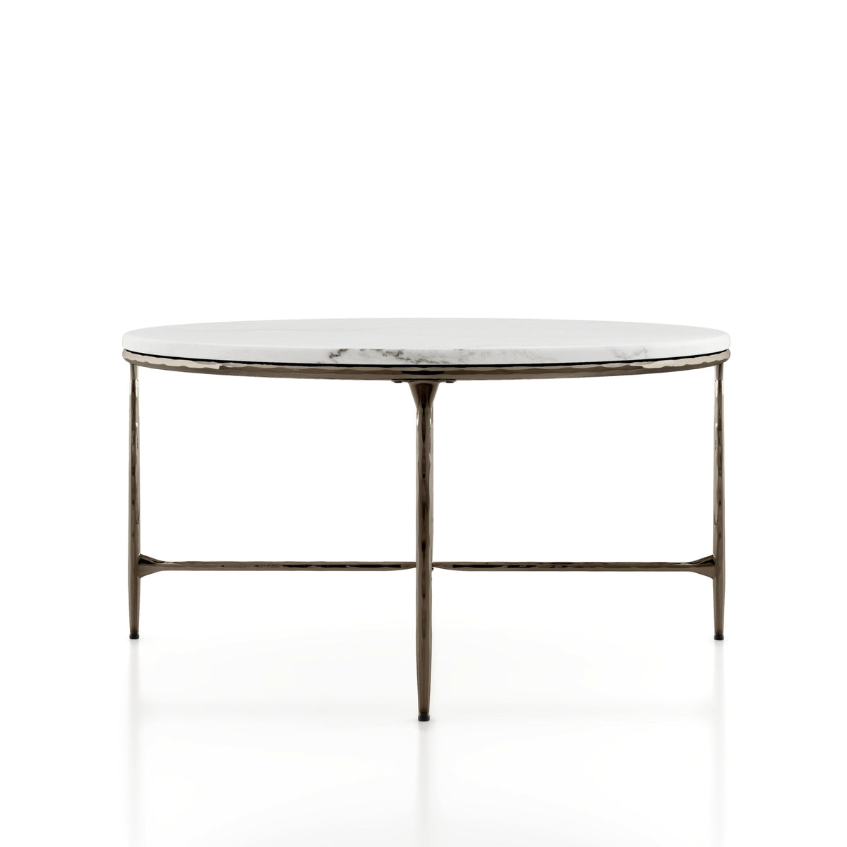 24/7 Shop at Home Aureum Modern 35-inch Round Marble Top Coffee Table with X-Brace, Hammered Dark Bronze Metal Frame for Living Room, Office, White