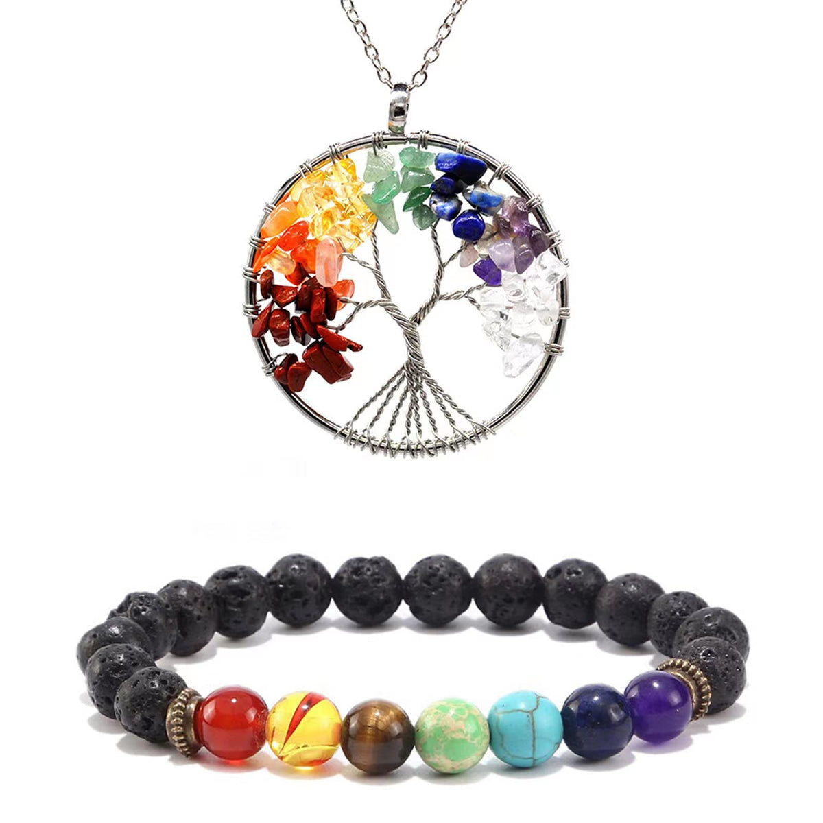 KMYA Healing Crystals Tree of Life Necklace, 7 Chakra Rainbow Jewelry Set, Anxiety Relief Bracelet, Crystal Stones for Chakra Repair