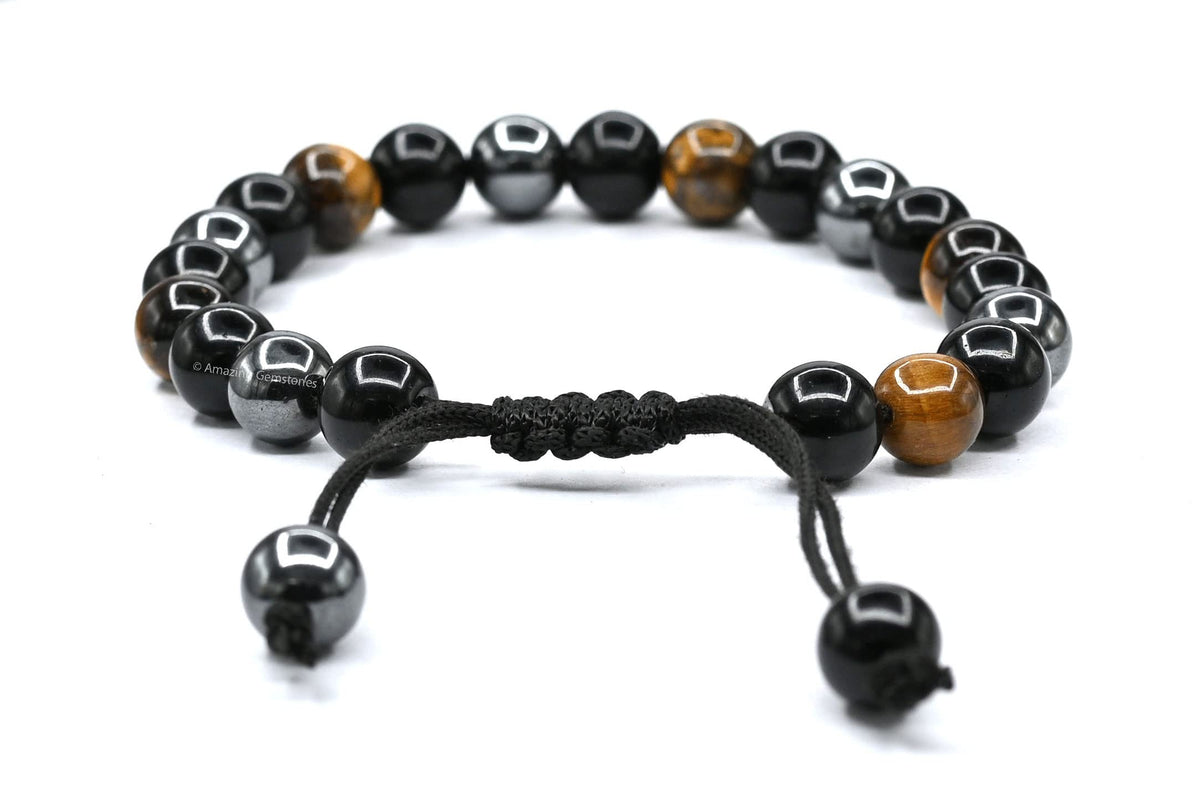 Amazing Gemstone Triple Protection Bracelet - Hematite Black Obsidian Tiger Eye Bracelet Set for Men Women Healing Calming Anxiety Stress Relief Gifts (Adjustable)