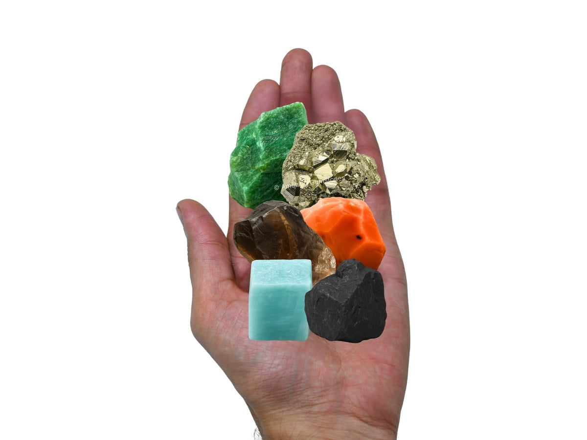 Amazing Gemstone Crystals for Workplace Manifestation, Set of 6 Green Aventurine, Smoky Quartz, Shungite, Carnelian, Pyrite and Amazonite Healing Crystals and Stones