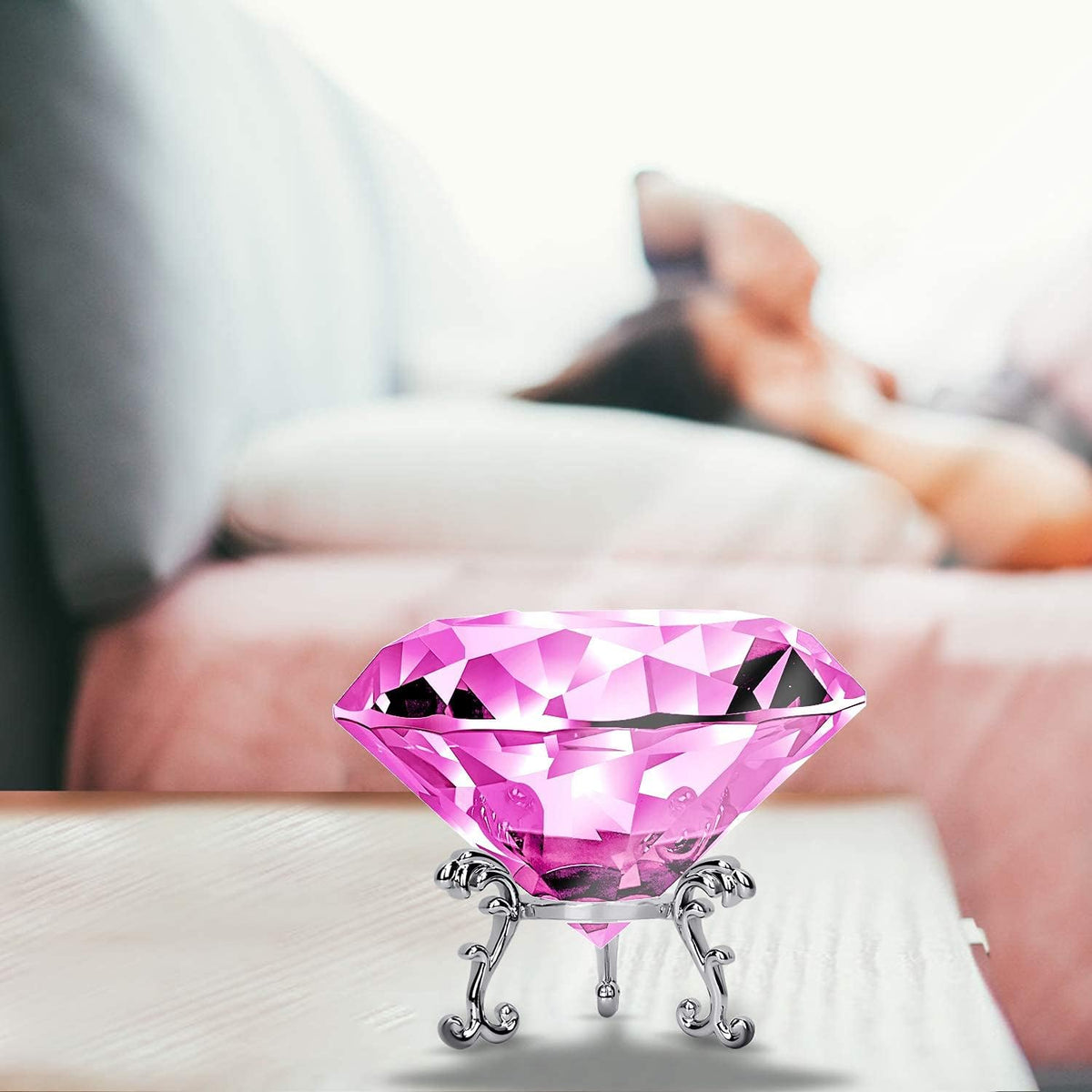 Hiziwimi 60mm Large Crystal Diamond Paperweight with Stand Jewels Wedding Decorations Centerpieces Home Decor (2.36 in, Pink)