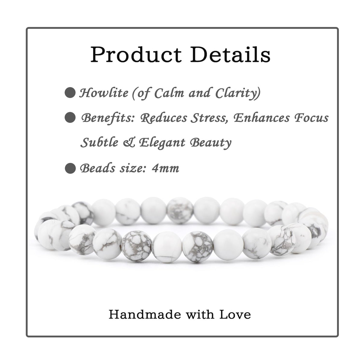 Bymitel 6mm Howlite - Handmade Reiki Gemstone Stretch Bracelet, Natural Beauty & Spiritual Essence, Crystal Healing for Unisex Adults