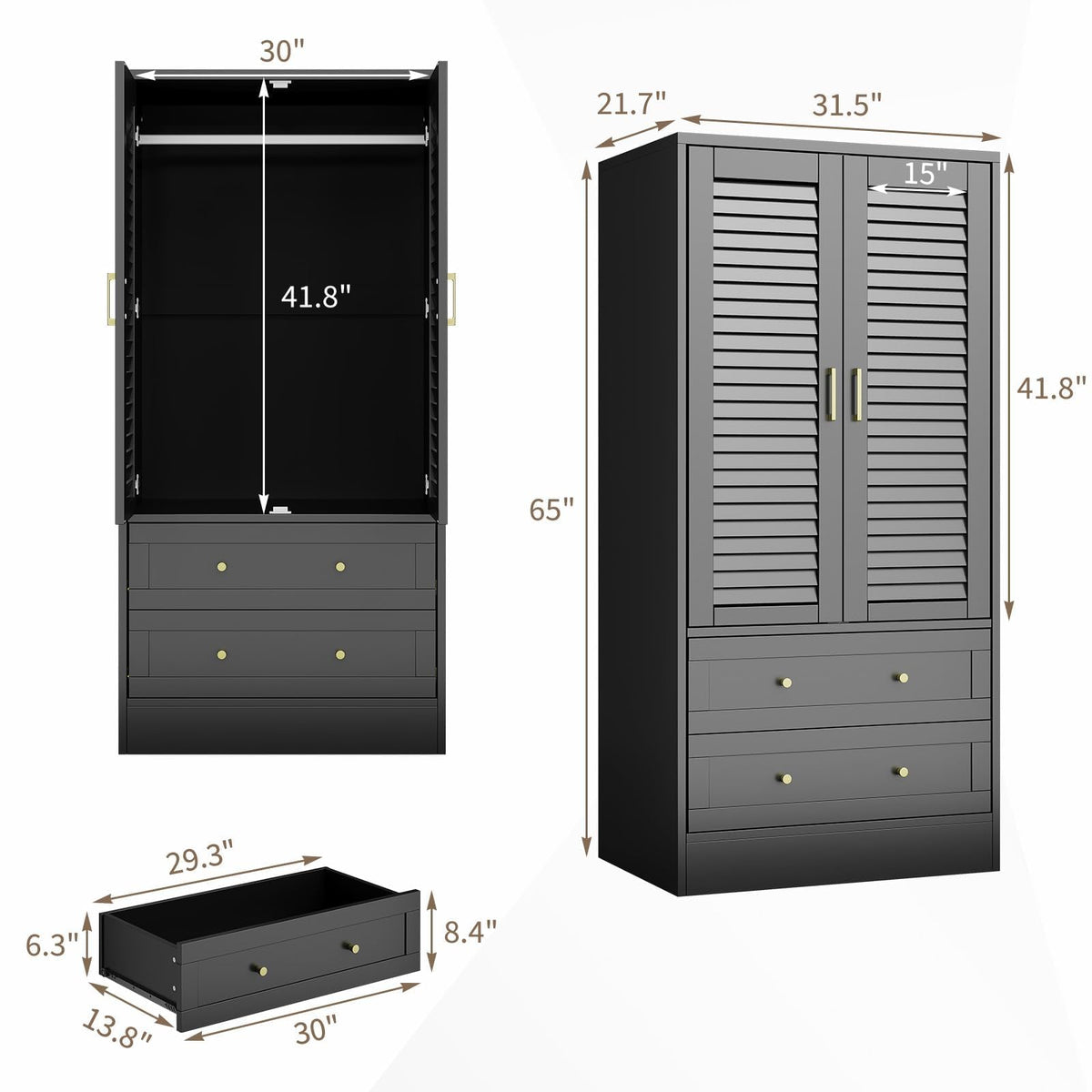 Garvee 65" Louvered Armoire Wardrobe Closet with 2 Doors and 2 Drawers, Large Capacity Storage, Wooden Wardrobe Cabinet with Hanging Rod for Bedroom, Cloak Room, Laundry Room, Entrance Hall, Black