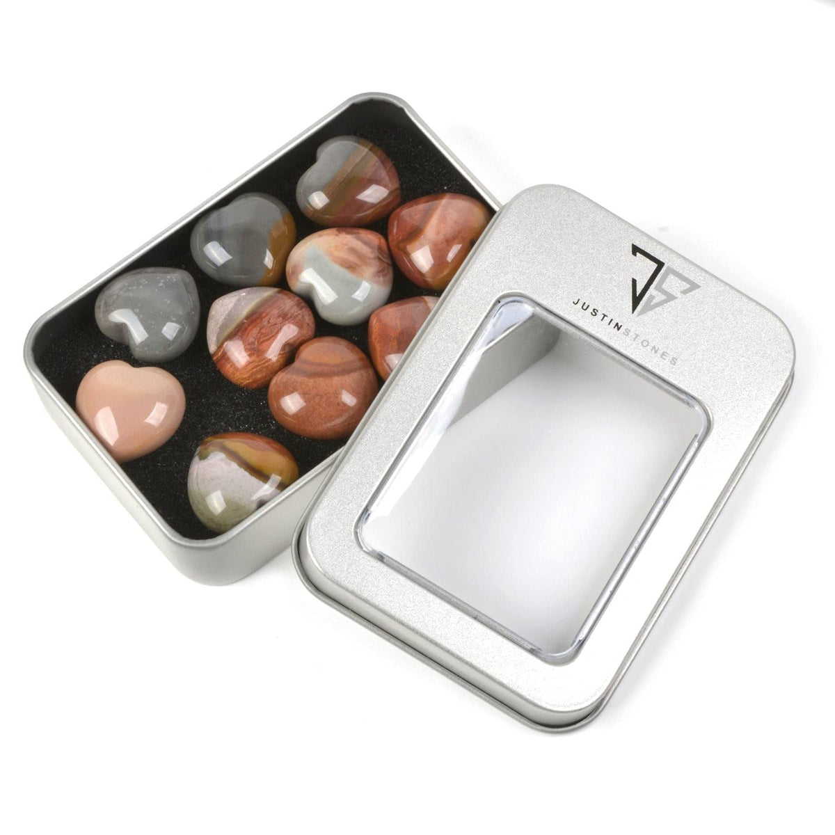 Natural Succor Creek Jasper Gemstone Healing Crystal 0.8" Mini Puffy Heart Pocket Stone Iron Gift Box (Pack of 10)