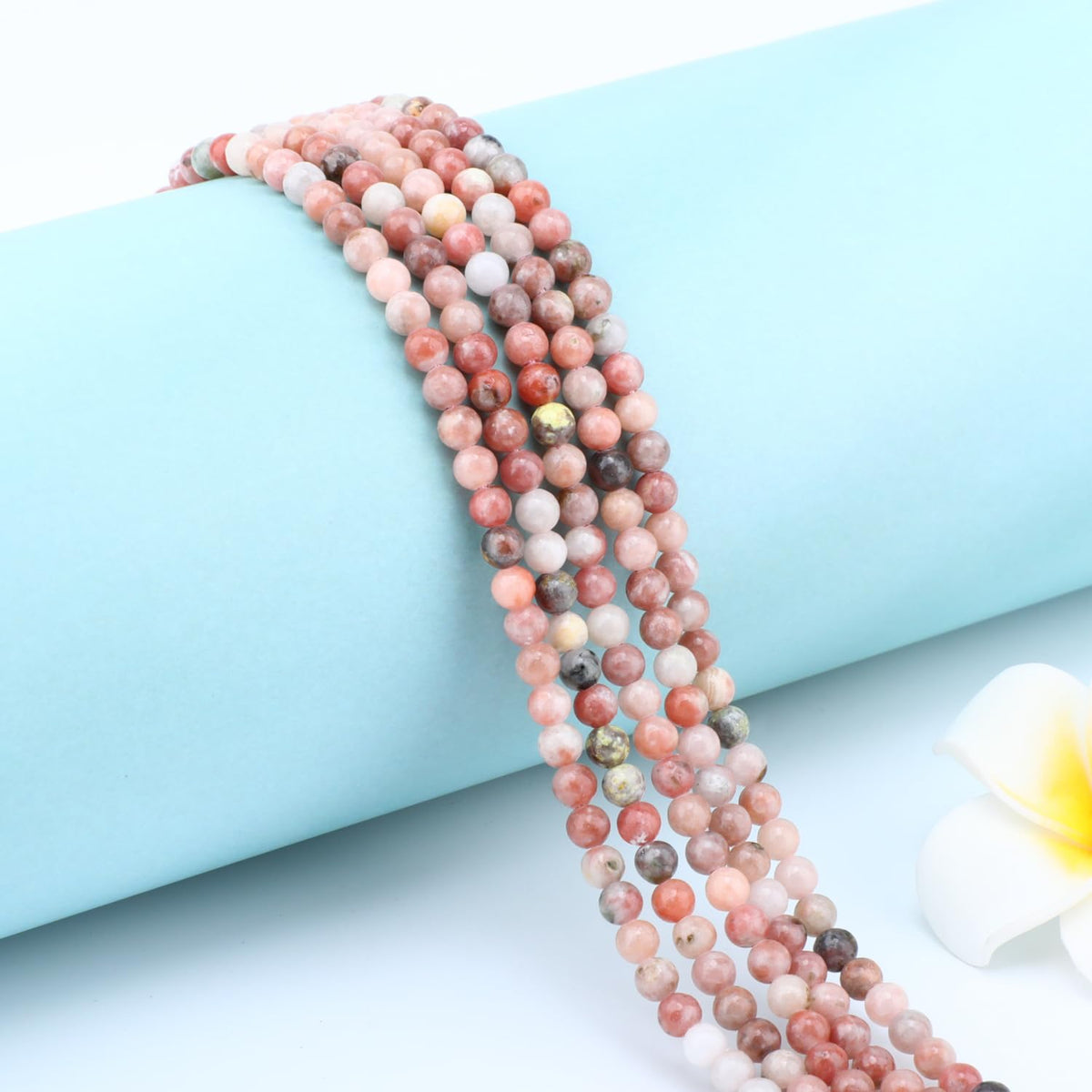 CMBYN Natural Stone Beads Round Genuine Real Stone Beading Strand Loose Gemstones DIY Smooth Bead for Bracelet Necklace Earrings Jewelry Making (Red Plum Blossom Stone, 4mm 90 Pieces)