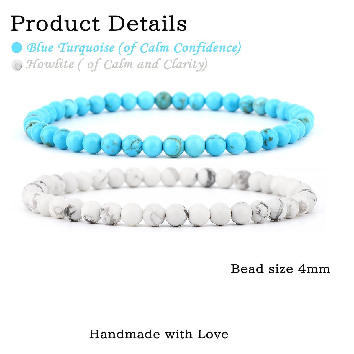 NCB 2-Piece 4mm Natural Crystal Gemstone Stretch Bracelets – ﻿Blue Turquoise, Howlite Handmade Reiki Energy Healing Jewelry for Meditation,Yoga, Unisex