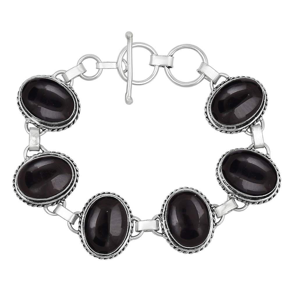 Natural Black Onyx Silver Plated Handmade Link Bracelet for Women - July Birthstone Oval Gemstone Adjustable Bracelet Vintage Style Jewelry - Wedding Christmas Gifts for Her