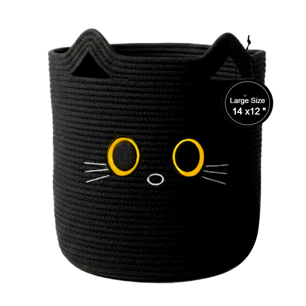 Nursery Storage Basket, 25L Large Woven Cotton Rope Baby Bin, Black Cat Design, Cutout Handles, Foldable, Washable, & Baby-Safe Organization for Kids Toy, Stuffed Animals, Laundry Hamper (Black Cat)