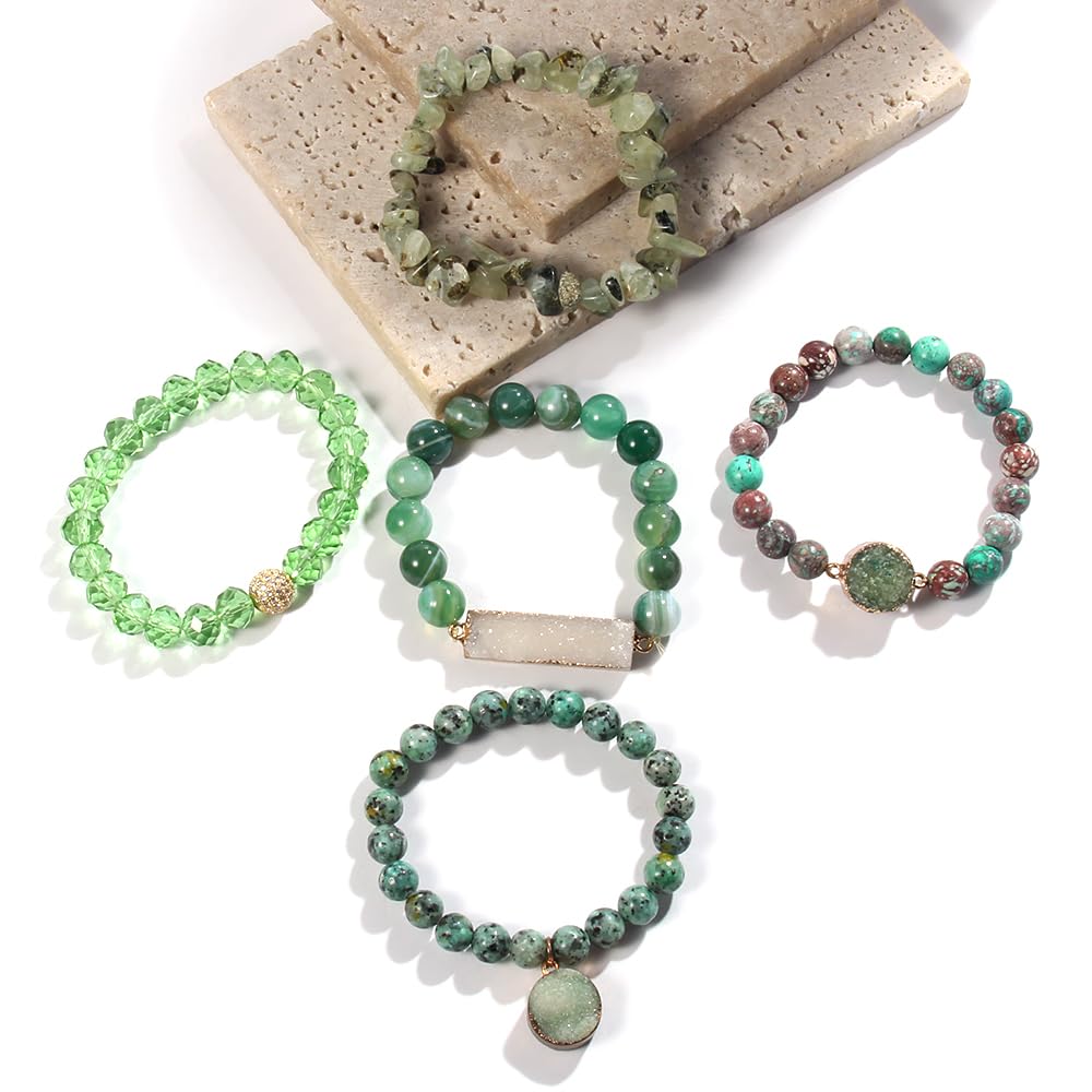 Yomisa 5PCS Natural Boho Beaded Bracelets for Women Men,Healing Turquoise Jasper Agate Crystal Gemstone Stone Diamond Chakra Multilayer Wrap Bohemian Handmade Jewelry Beads Stretch Bracelet Set