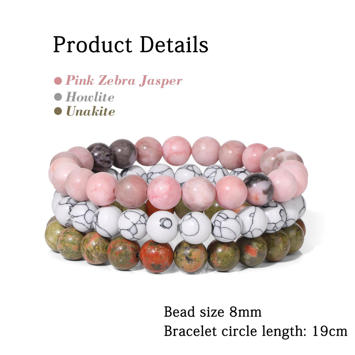 Risyfjew 3 PCS Pink Zebra Jasper Healing Crystal Bracelets Women 8mm Natural Stone Beaded Stretch Bracelet Crystal Gifts for Women