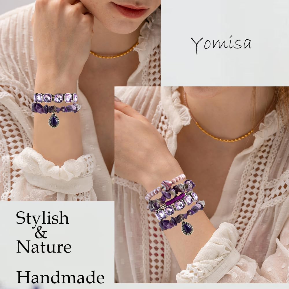 Yomisa Boho Beaded Bracelets for Women,Multilayer Wrap 5PCS Healing Natural Amethyst Stone Bead Bracelets Handmade Stackable Friendship Stretchy Beaded Bracelet Set Trendy Bohemian Jewelry Gift Women