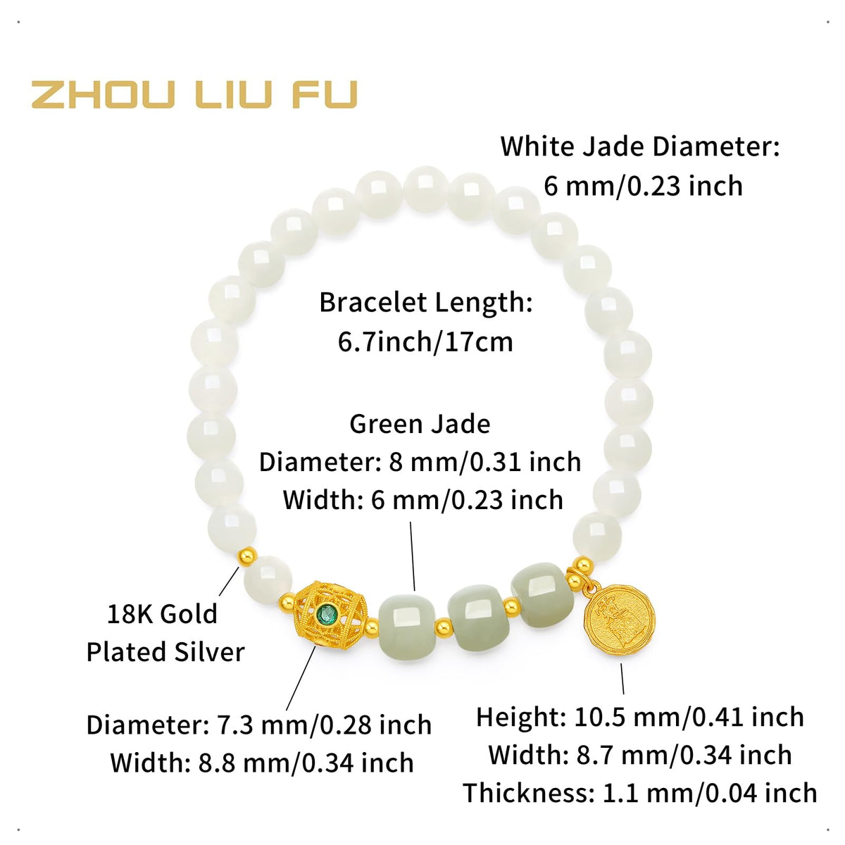 ZHOU LIU FU Sterling Silver Bracelets White Jasper Bracelet Bead Bracelet Green Jasper Round Fortune Charm Bracelet Stretch Bracelet for Women Mom Lover Birthday Aniversary 6.7inch/17cm