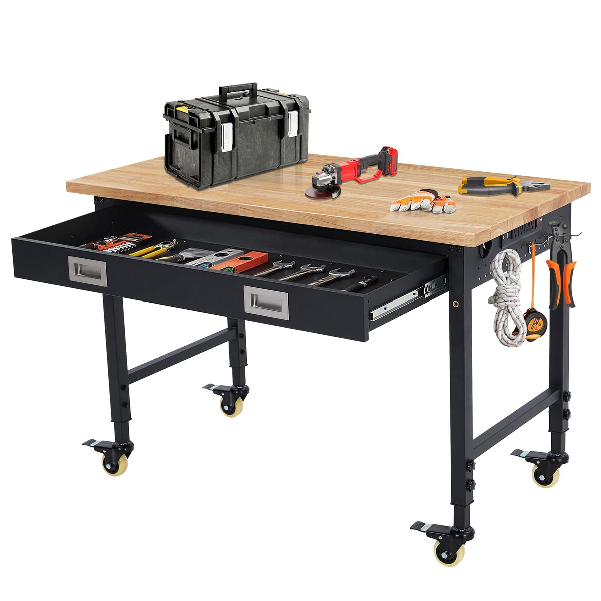 ACONEE Adjustable Height Workbench, 48" Heavy Duty 2000 LB Load Capacity, Solid Rubber Wood Top, Sturdy Metal Frame, Workstation with Drawer & 4 Rolling Casters, Power Outlets for Garage Workshop