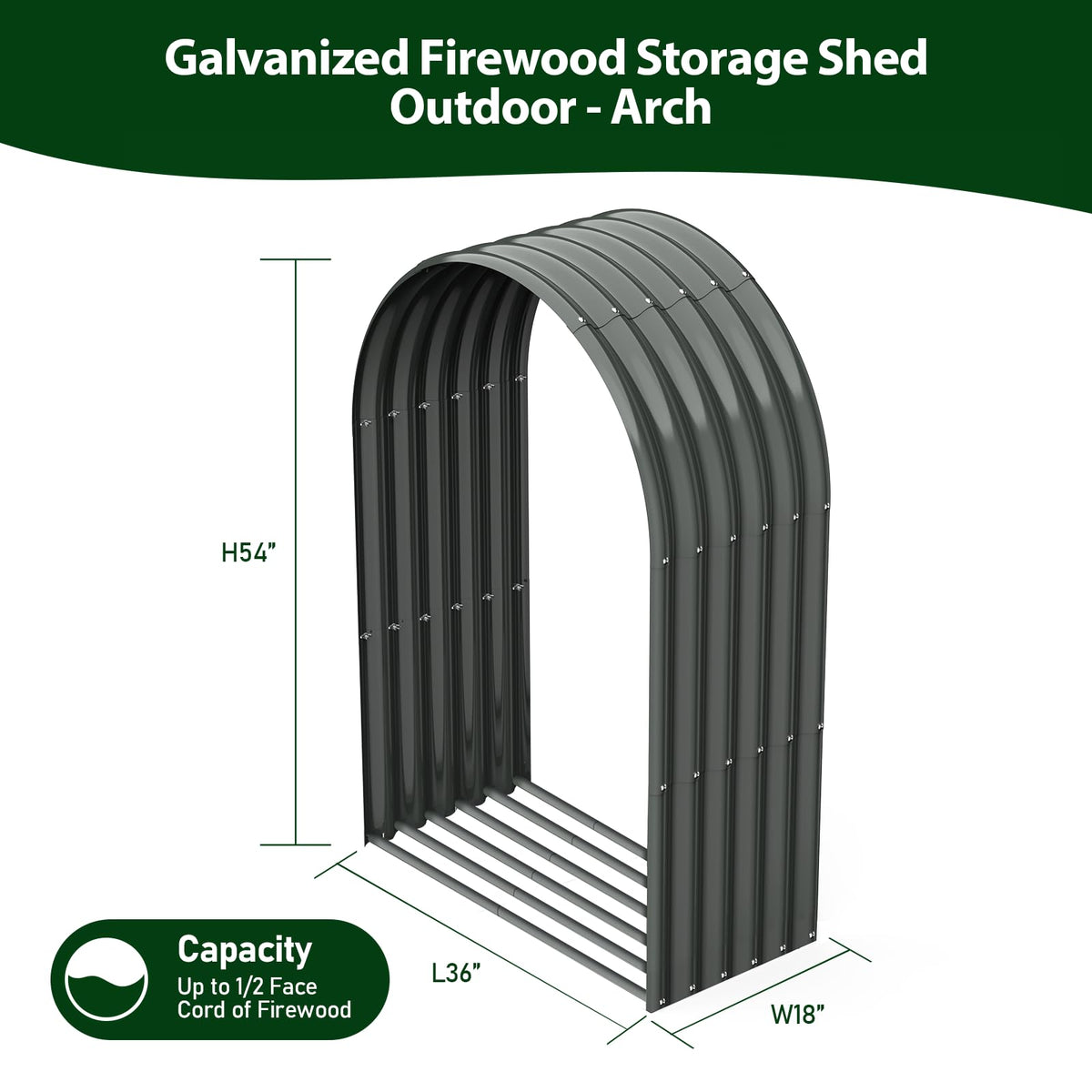 A ANLEOLIFE 2-Set Galvanized Steel Firewood Storage Rack with Weatherproof Corrugated Roof, Heavy Duty Outdoor Log Holder for Patio Porch Fire Pit, Arch Gray