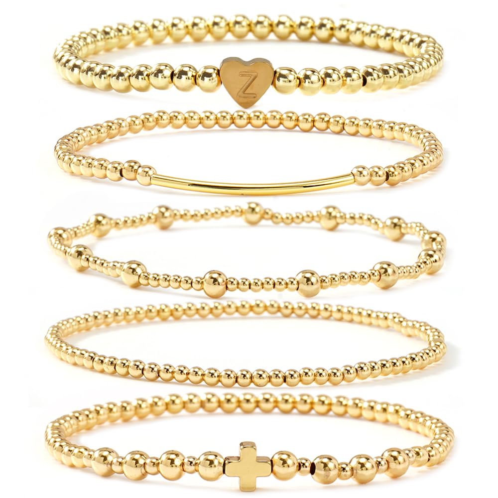 14K Gold Cross Beaded Initial Bracelet Stack for Women,Dainty Stretch Gold Plated Letter “Z” Stackable Bracelets Bohemian Layered Prom Party Accessories Jewelry Gift Friendship