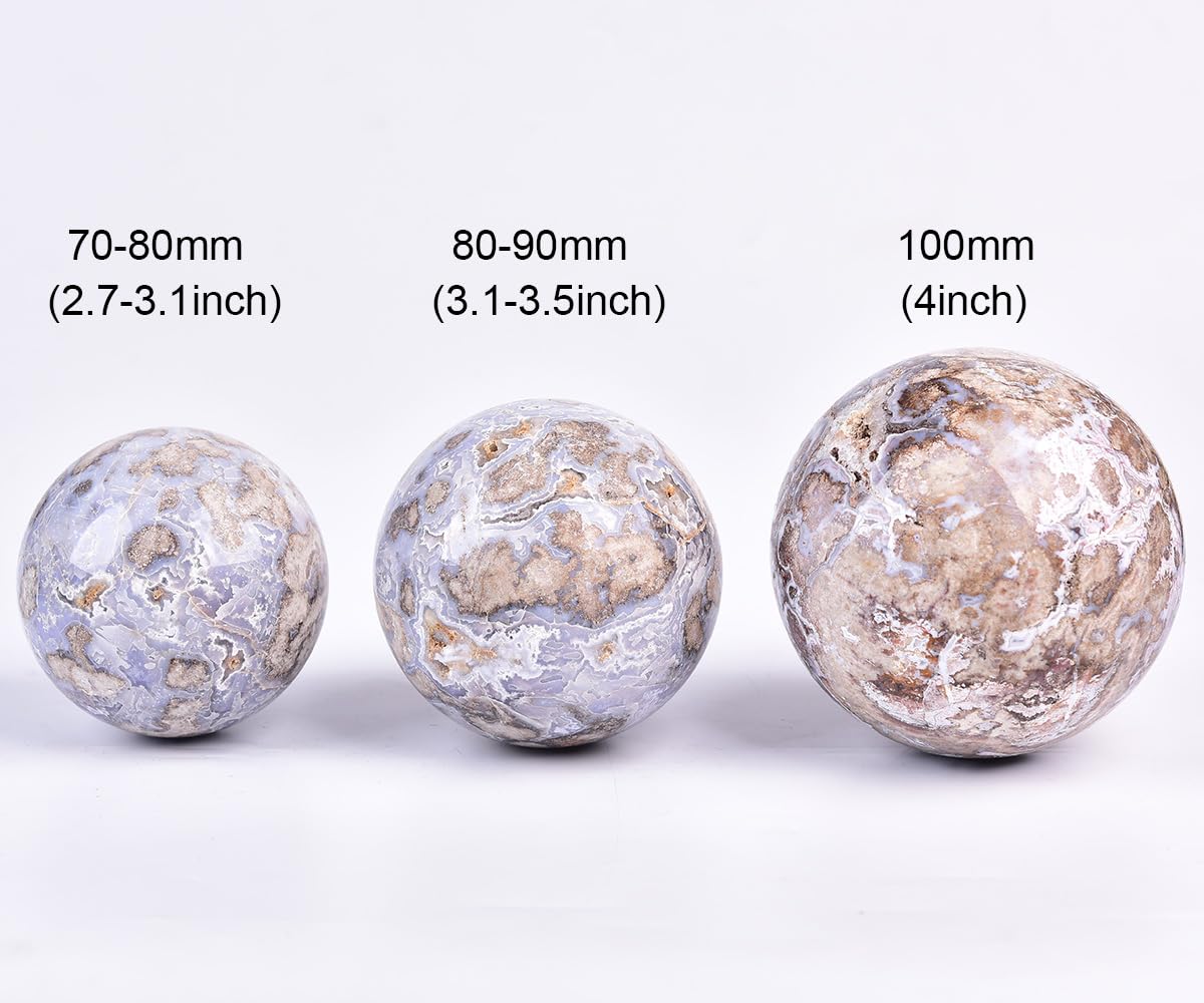 JIC Gem Large Blue Cherry Blossom Agate Crystal Ball with Stand Crystal Sphere Natural Sakura Flower Agate Stone Reiki Healing Meditation Witchcraft Home Decor 2.7-3.1 inch(70-80mm)