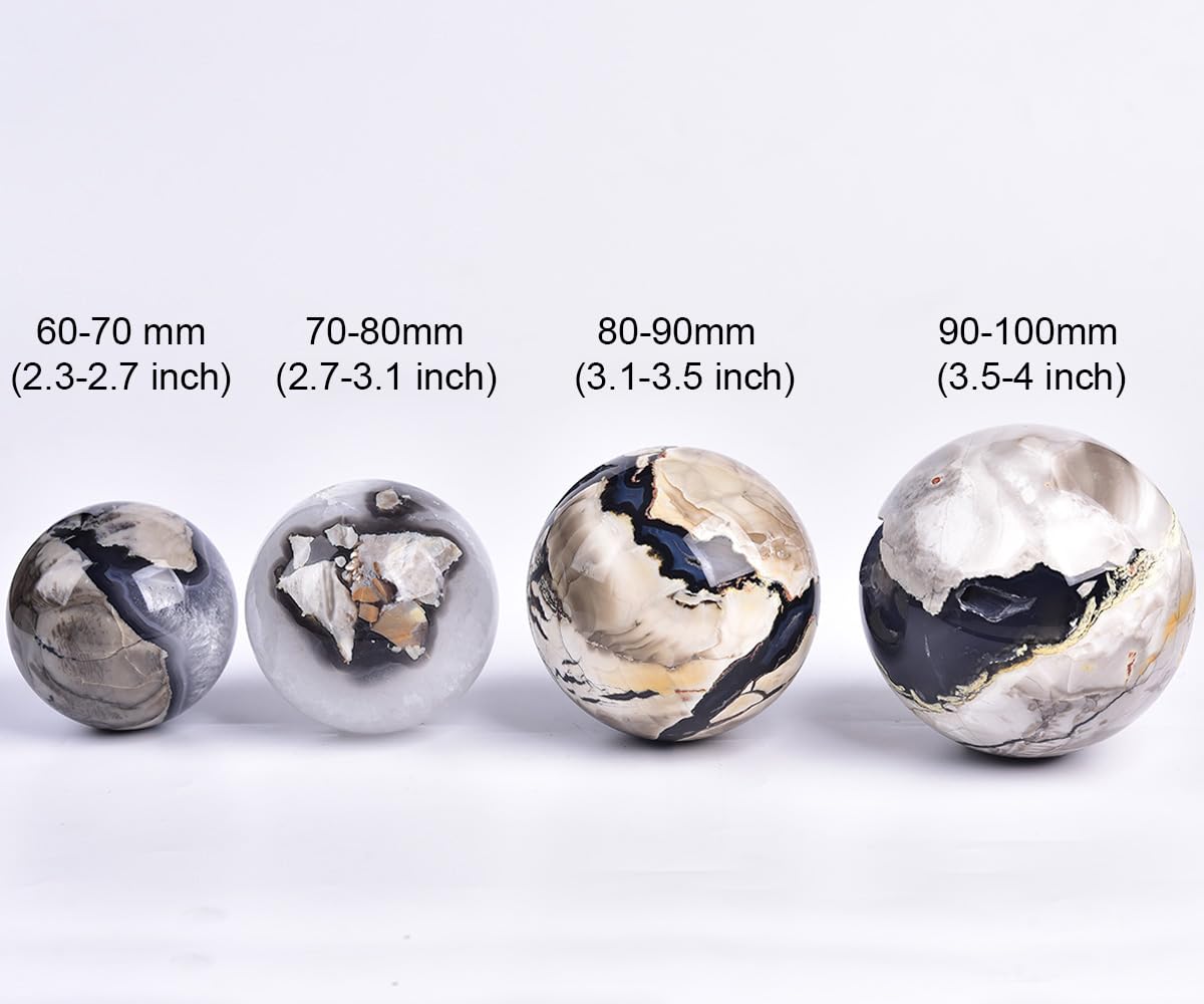 JIC Gem Volcanic Agate Crystal Sphere Large Quartz Crystal Ball with Stand Healing Ornament Witchcraft Meditation Decor 3.5-4 inch(90-100mm)