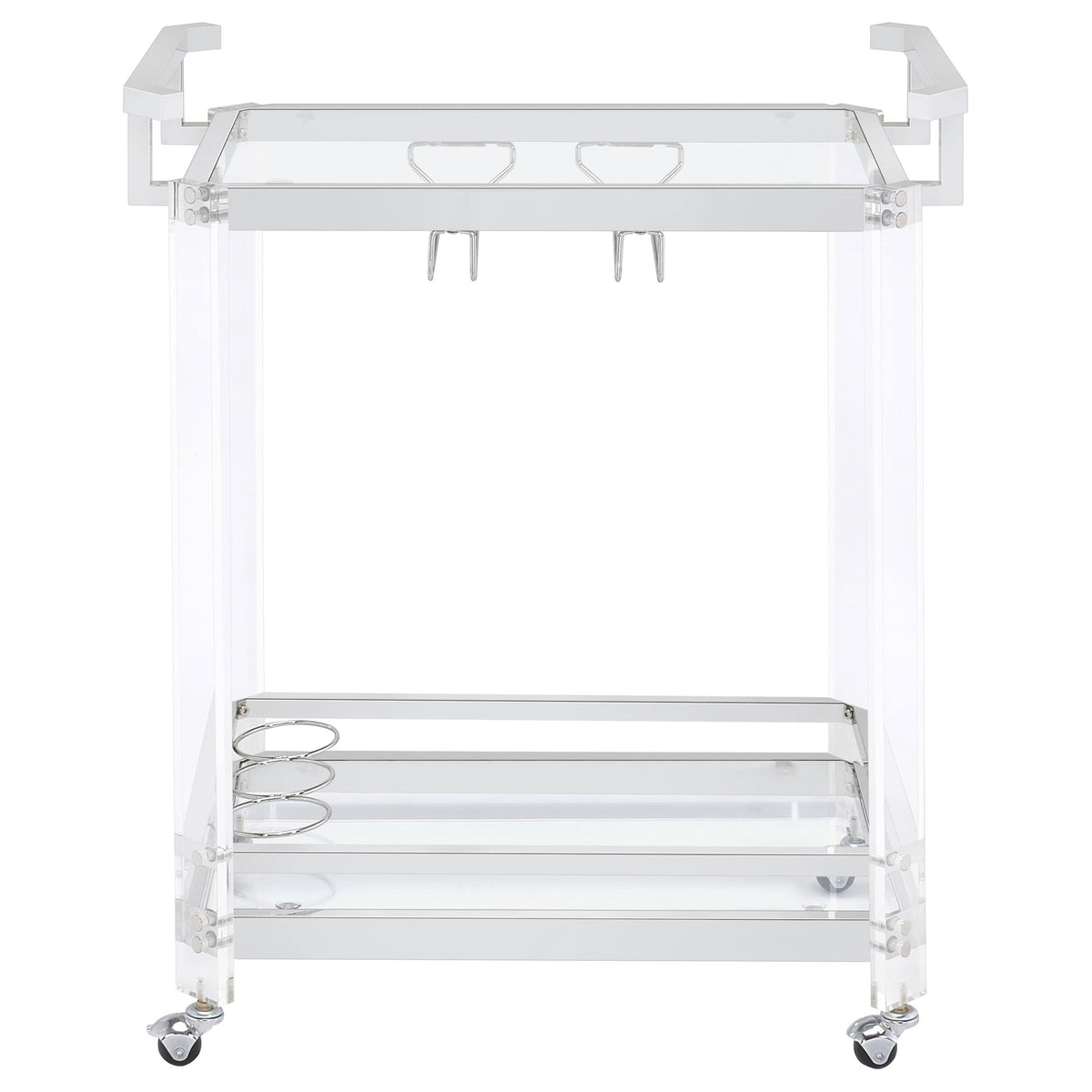 BOWERY HILL Bar Cart, Chrome Finish, Acrylic and Metal Frame with Glass Shelves, 35" H x 28.5" W x 17.25" D, Wine Bottle and Stemware Racks, Contemporary Style Serving Cart with Wheels