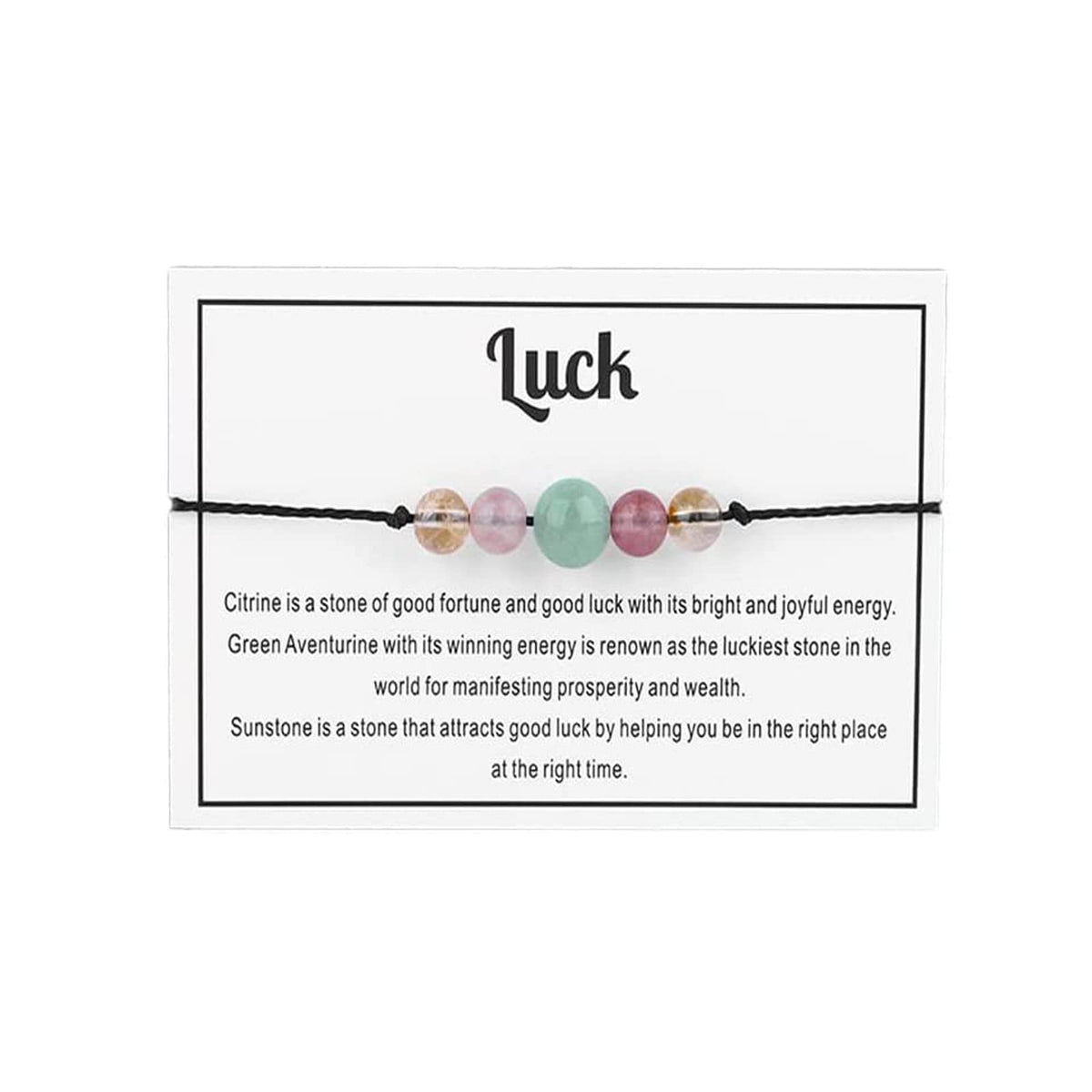 Caiyao Multistyle Healing Crystal Stone Bead Bracelet with Meaningful Card Handmade Adjustable Wax Rope Yoga Amethyst Tigereye Chakra Bracelets for Women Men Meditation Relax Anxiety Jewelry-Luck