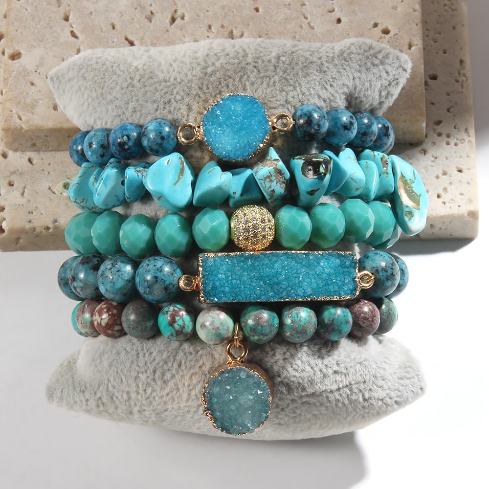 Yomisa 5PCS Natural Boho Beaded Bracelets for Women Men,Healing Turquoise Jasper Agate Crystal Gemstone Stone Diamond Chakra Multilayer Wrap Bohemian Handmade Jewelry Beads Stretch Bracelet Set