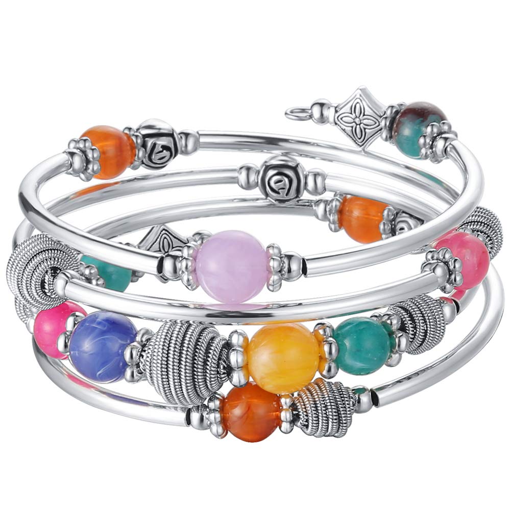 PEARL&CLUB Beaded Chakra Bangle Turquoise Bracelet - Fashion Jewelry Wrap Bracelet with Thick Silver Metal and Mala Beads, Birthday Gifts For Women(Colorful)