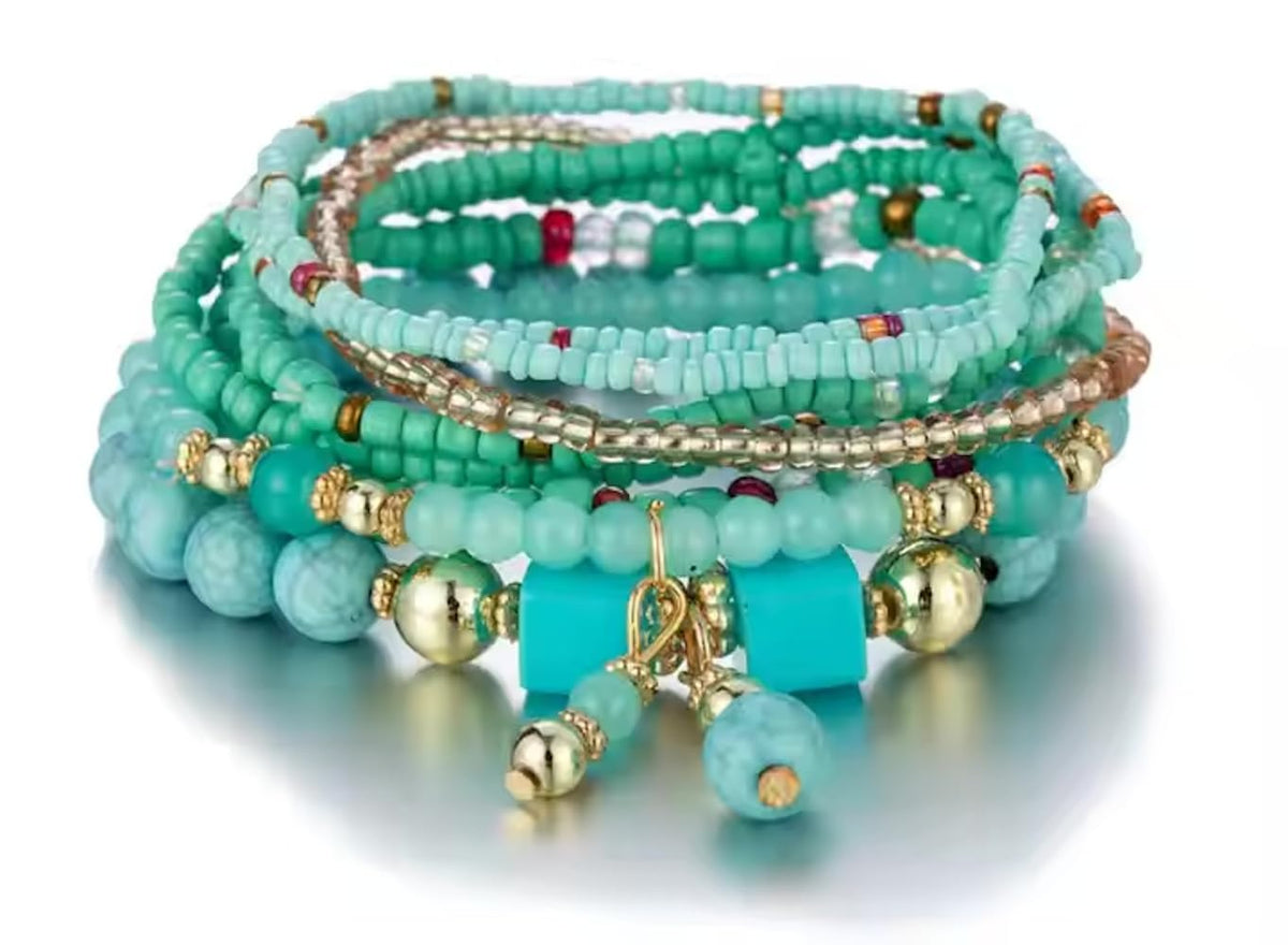 Boho Multilayer Stretch Beaded Bracelets for Women – Set of 6 Beaded Bracelet Colorful Rice Beads, Stackable Fashion Jewelry, Ideal for Festivals, Summer Parties, Beachwear, and Casual Outfits