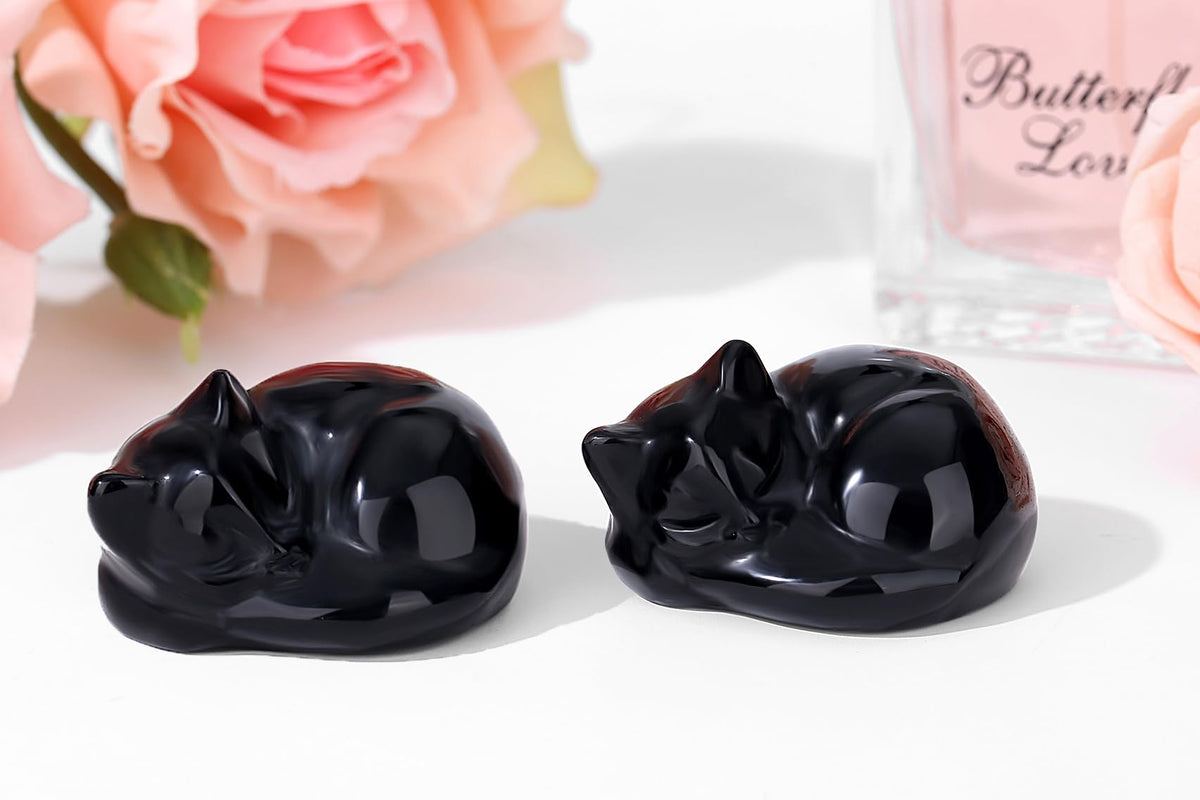 QINJIEJIE Black Obsidian Cat Decor Crystals and Healing Stones Figurine Sleeping Cats Stone Statue Gift Carved Gemstones Sculpture Office Home Desk Kitten Cute Cat Decor for Men Stocking Stuffers