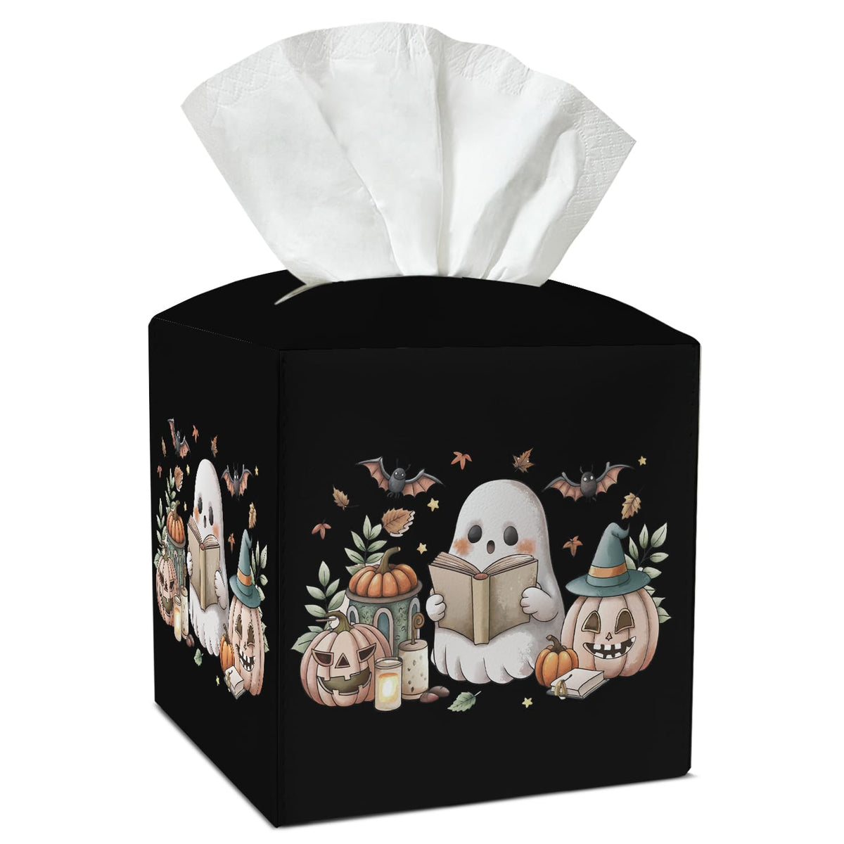 Ghost Pumpkin Tissue Box Covers Square, Leather Tissue Holders Decorative for Home Office Bathroom Organizer, Square Facial Paper Organizer Halloween Home Decor -005