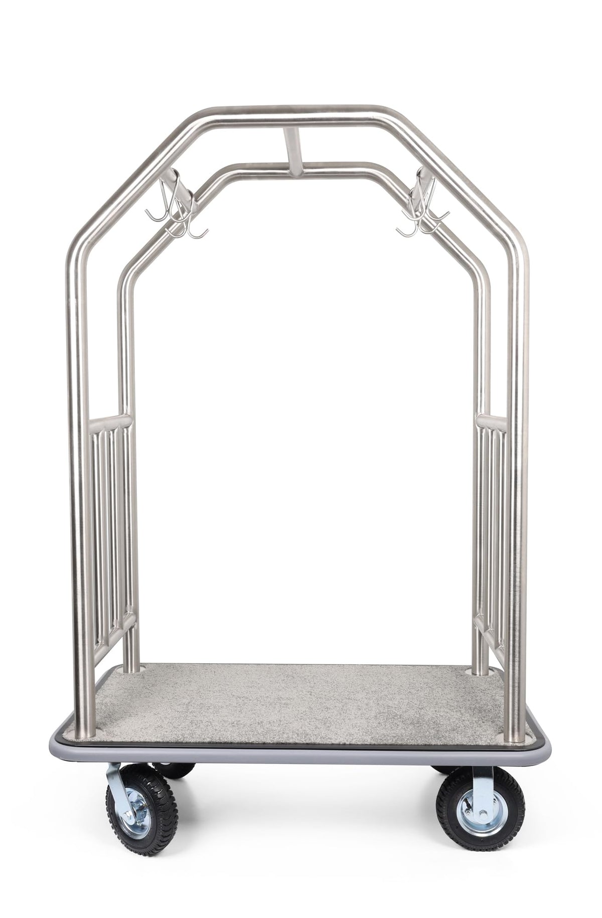 Wholesale Hotel Products Brushed Stainless Steel Luggage Cart –1000lb Capacity–Bellman Cart w/Grey Bumper Guard, Plush Carpet, 2” Welded Steel Frame & 8" Wheels, for 5-Star Hotels (Grand Lux Series)