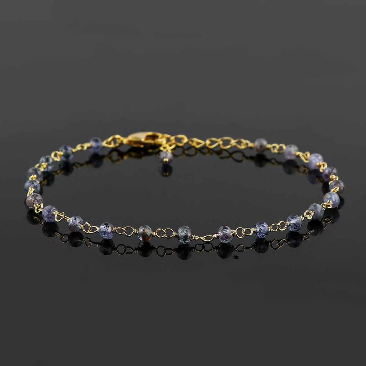 CRYSTALINES Natural Blue Iolite Gemstone Cluster Bracelet, 14K Gold Plated Rosary Chain, Handmade Bohemian Jewelry, Healing Crystals Beads & Stones, Gift for Women (Approx. 7+1inch)