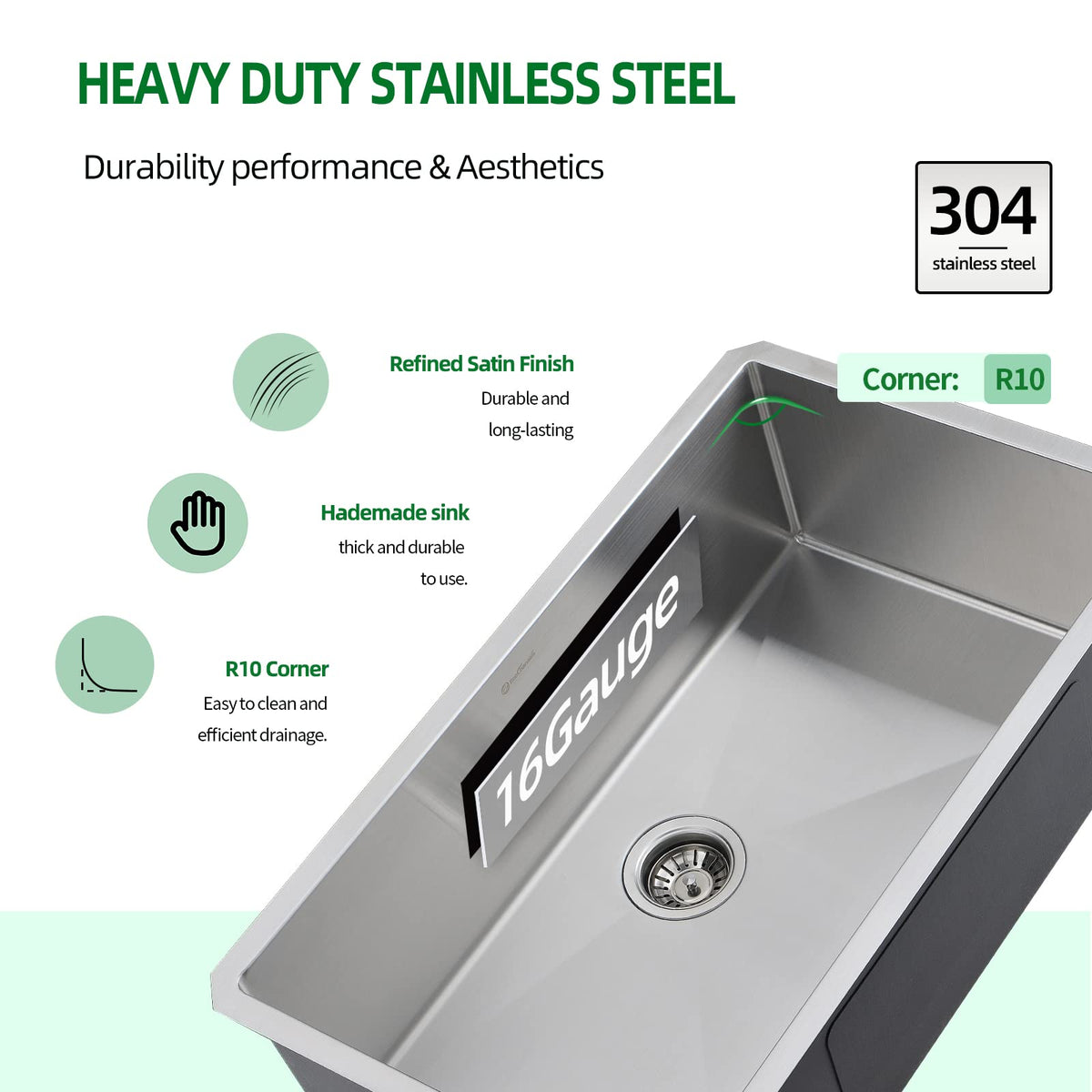 EcoChannels Undermount Kitchen Sink, 28 x 19 Inch Sink Kitchen16 Gauge Stainless Steel Outdoor Laundry Kitchen Sinks Single Bowl