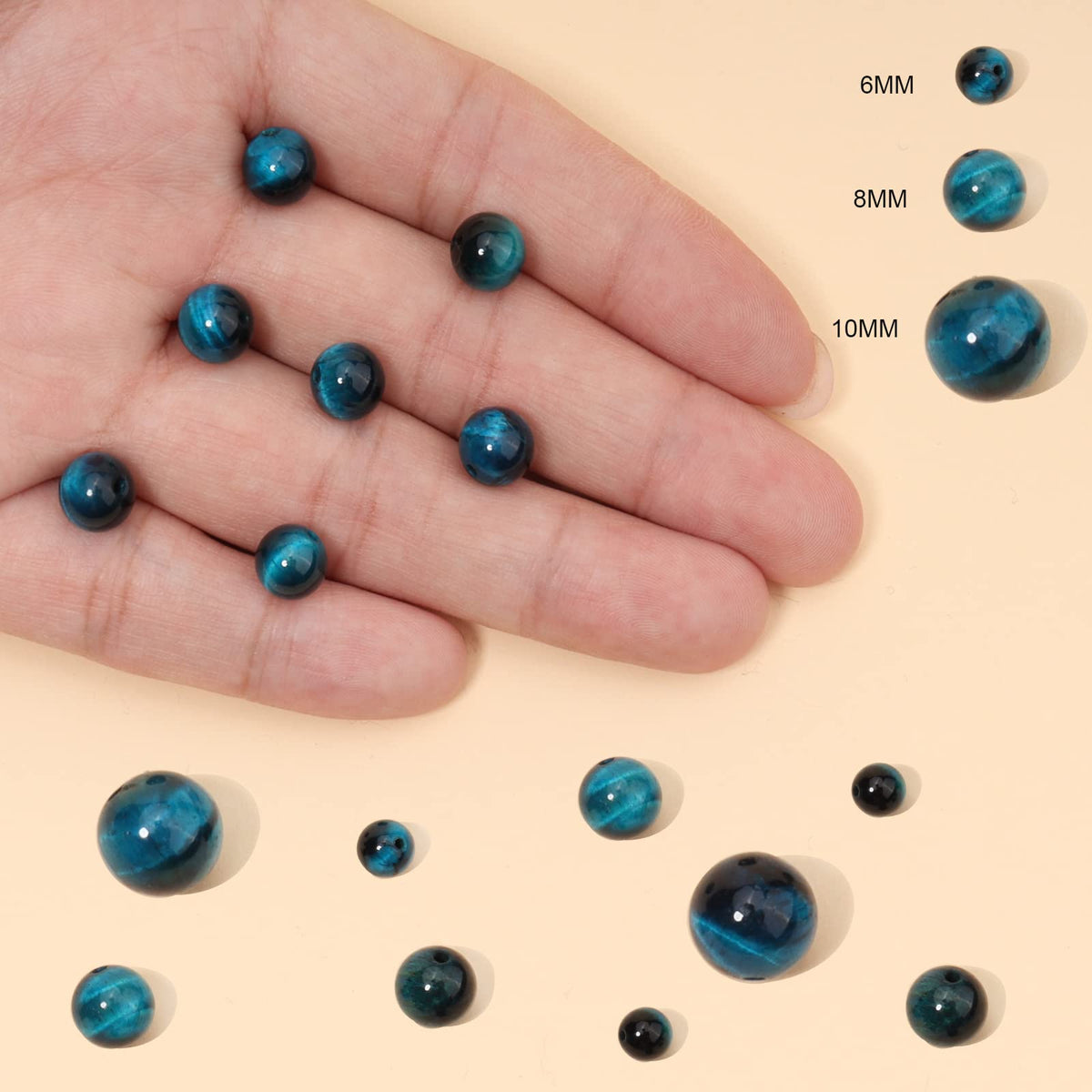 60pcs 6mm Natural Aquamarine Tiger Eye Gemstone Beads Energy Healing Crystal Round Loose Stone Beads for Jewelry Making, DIY Bracelets Necklaces
