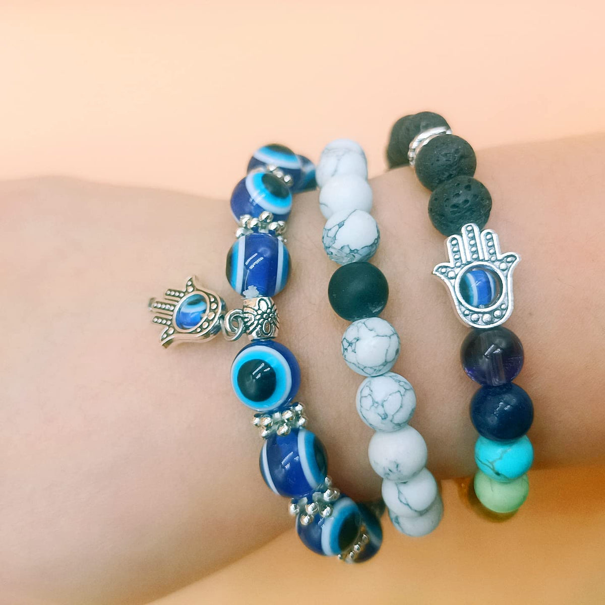 CJIAYUJEW 3pcs Evil Eye Bracelet Chakra Crystal Bracelets Set,Evil Eye Hamsa Blue Beaded Charm Stretch Bracelet for Blessing (White, Zinc Alloy)